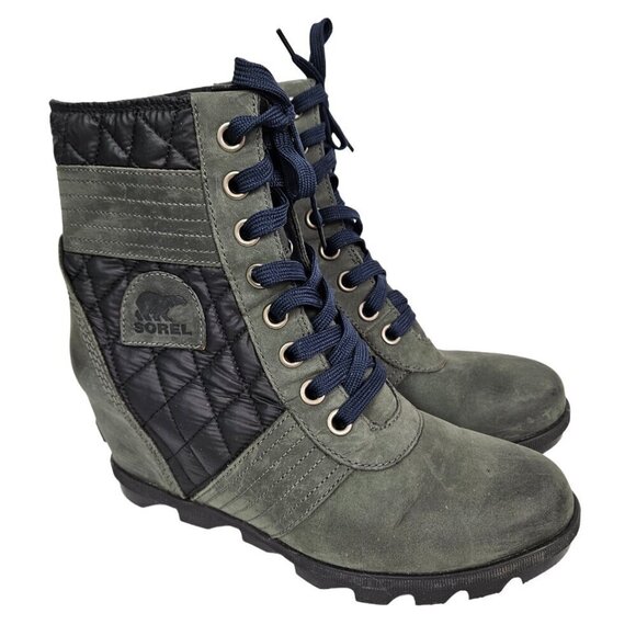 Sorel Lexie Slate Gray/Black Quilted Hidden Wedge Waterproof Boot 10
